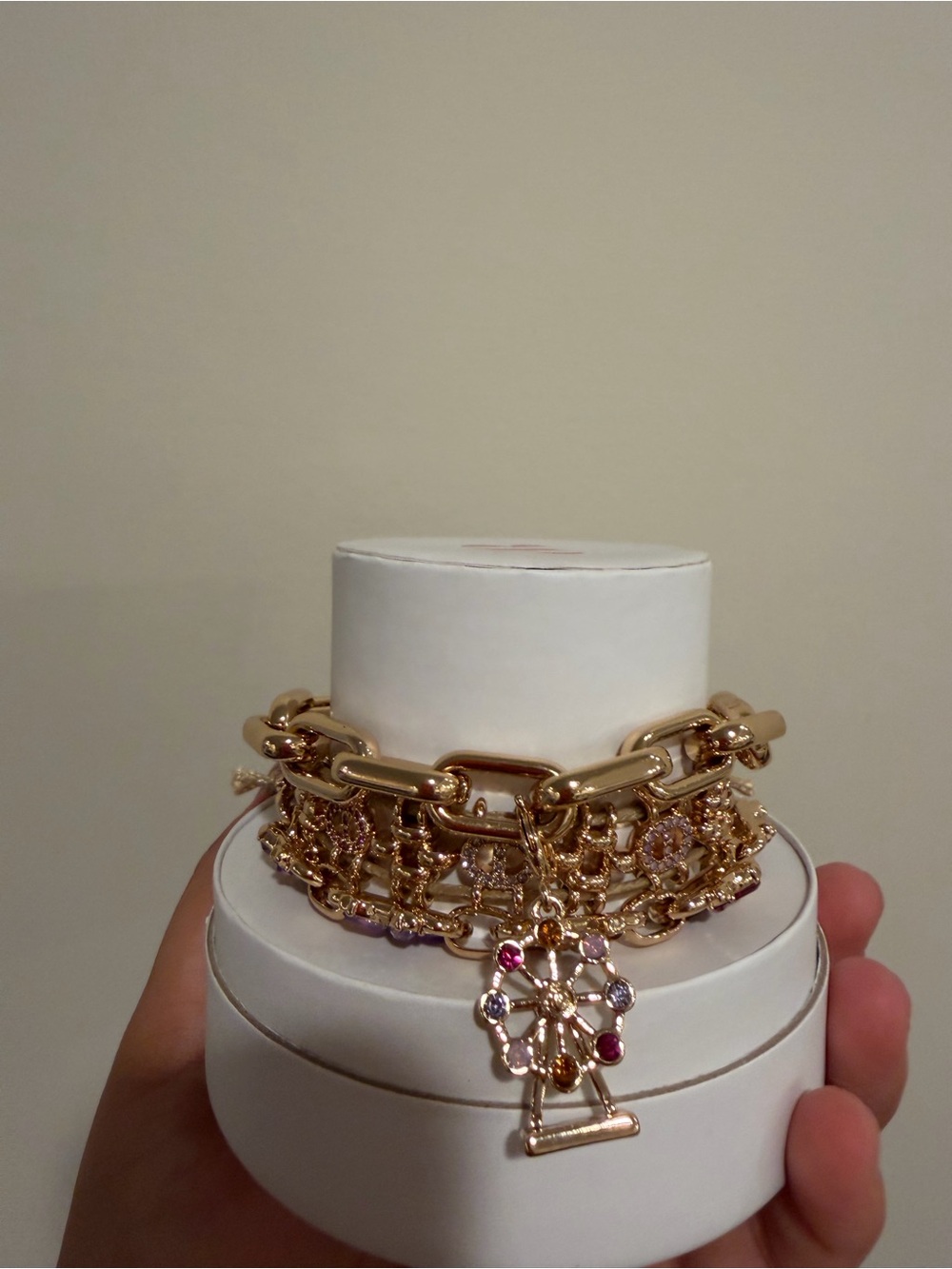 Gold-Tone Charm Bracelet with Pink and Purple Crystal Accents